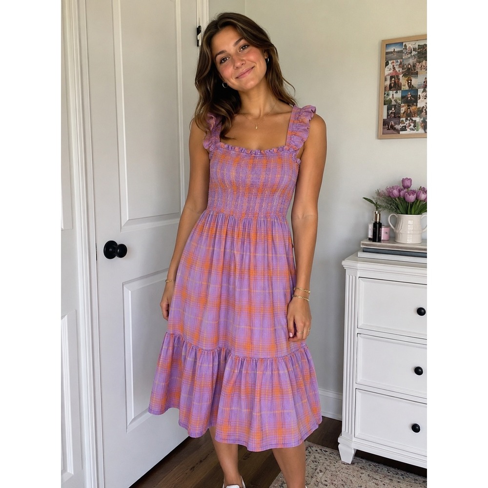 La Lavon Purple Orange Plaid Smocked Ruffle Tiered Midi Dress Small ILD1099-1